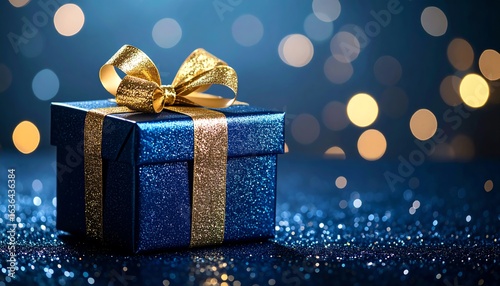 Elegant dark blue gift box wrapped with shimmering gold ribbon perfect for special occasions