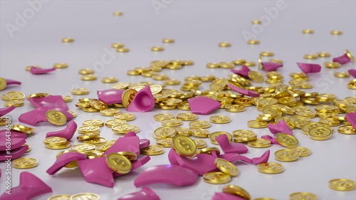 3D Pink piggy bank on grey background. Gold coins fall in, camera zooms in, piggy explodes into pieces showering shiny dollar coins. Concept of banking, savings, investment financial freedom, moneybox