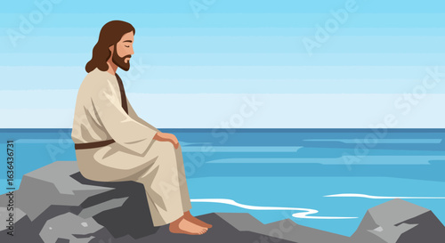 Jesus Christ Sitting on Rocks by the Sea, Contemplative Pose