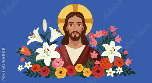 Jesus Christ Portrait with Floral Arrangement and Halo