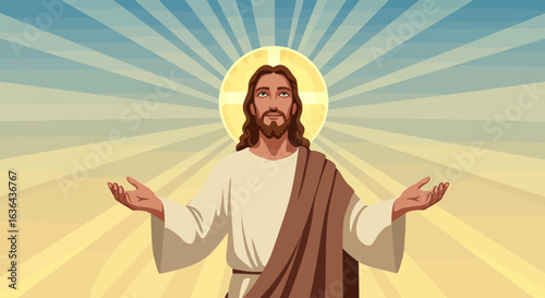 Jesus Christ with Open Arms and Halo in Radiating Light
