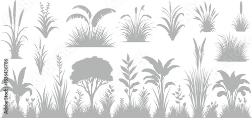 Set of grass line cad and silhouettes isolated on white background. Ground cover. Illustration for elevation architectural element, side view, grass section vector illustration