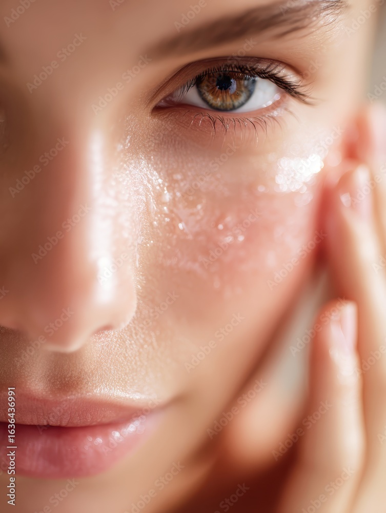 Fototapeta premium Close-Up of a Young Woman Applying Exfoliating Scrub on Her Glowing Face for Skincare Routine