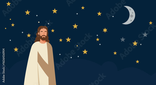 Jesus Christ in a starry night scene with moon illustration