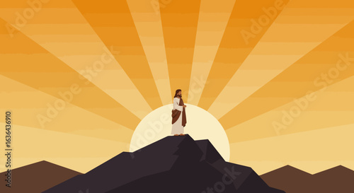 Jesus Christ on Mountain Top with Sunrise Background Illustration