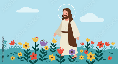 Cartoon Jesus Walking Through a Colorful Flower Field