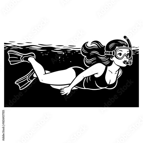 Detailed Engraving of woman wear swimsuit diving black and white generative ai image