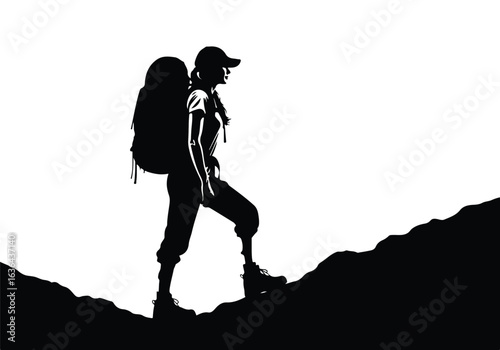 Silhouette of a female hiker with a backpack climbing a rocky mountain path, representing adventure and achievement