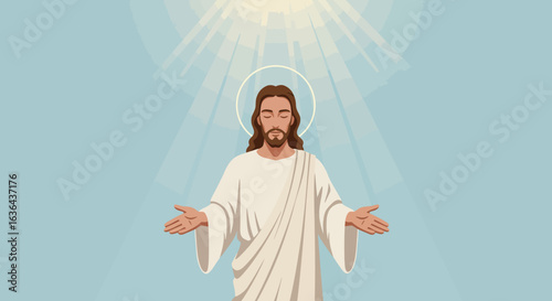 Jesus Christ with Halo and Open Arms in Light Rays