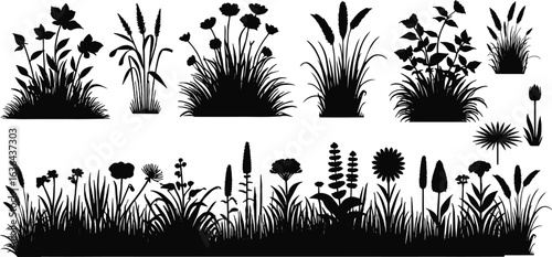 Set of silhouette grass. Separate tufts of grass, compact lawns. Black silhouettes isolated on white background. vector Illustration, brushes. herb. grass of different shapes