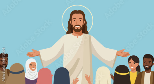 Jesus Christ with Halo and Diverse Group of People Illustration
