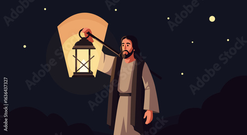 Jesus Christ Holding a Lantern in the Night Sky