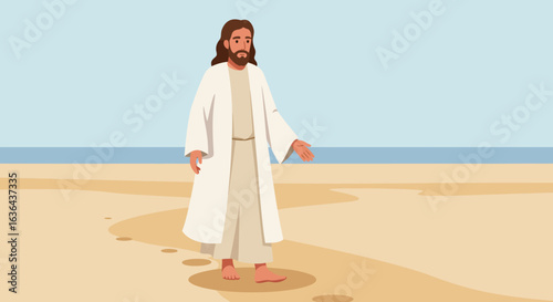 Jesus Christ Walking on the Beach with Footprints in the Sand