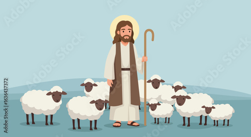 Cartoon Shepherd with Halo and Flock of Sheep Illustration