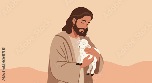 Jesus Christ Holding a Lamb Illustration, Religious Iconography