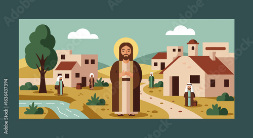 Jesus Christ in a Middle Eastern Village Illustration