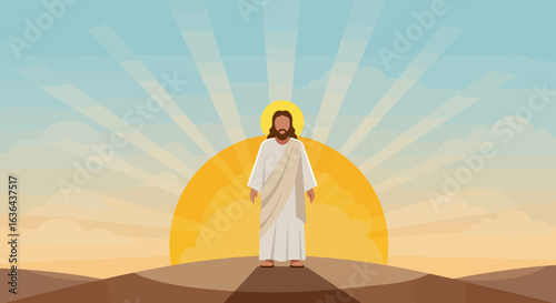 Jesus Christ Illustration with Halo and Sunrise Background