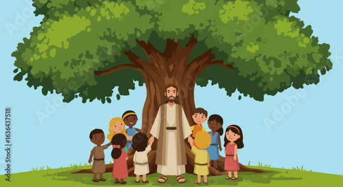 Jesus Christ with Children Under a Tree Illustration
