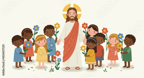 Cartoon Jesus with Diverse Children Holding Flowers Illustration