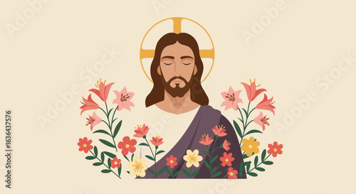Jesus Christ Portrait with Floral Decoration and Halo Cross