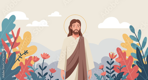 Illustration of Jesus Christ with Halo in Floral Landscape