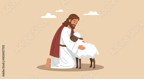 Jesus Christ Kneeling and Embracing a Lamb with Brown Head