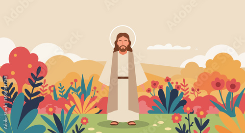 Cartoon Illustration of Jesus Christ in a Garden Setting