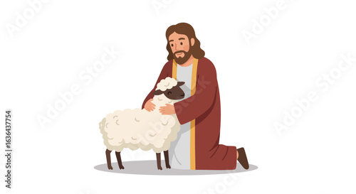 Jesus Christ Kneeling and Embracing a Sheep