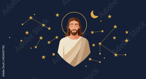 Jesus Christ with Halo, Stars and Moon Illustration