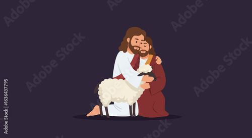 Jesus Christ Embracing a Lost Sheep with Love and Compassion.
