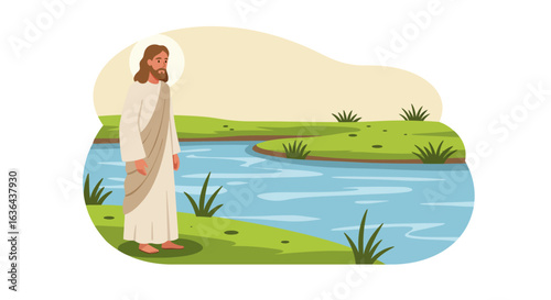 Jesus Christ by the River, Wearing White Robe and Halo