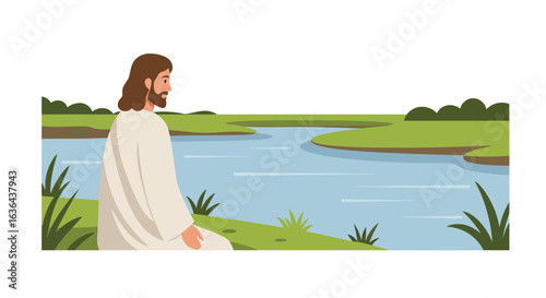 Jesus Christ Meditating by the River, Wearing White Robe
