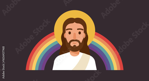 Cartoon Jesus Christ with Rainbow and Halo Illustration