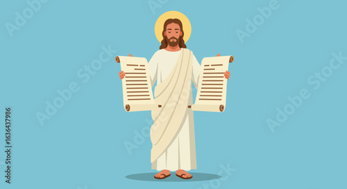 Jesus Christ Holding Two Scrolls with Written Text