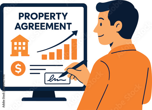 Homebuyer signing digital property agreement Illustration