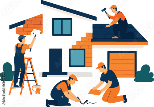Renovation crew remodeling house Illustration