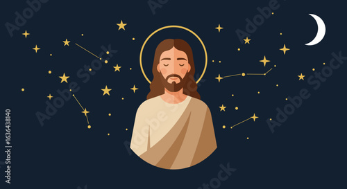 Jesus Christ Portrait with Halo and Stars Background