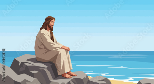Jesus Christ Meditating on Rocks by the Sea