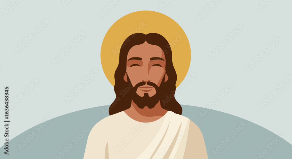 Fototapeta premium Illustrated Jesus Christ Portrait with Halo and Beard