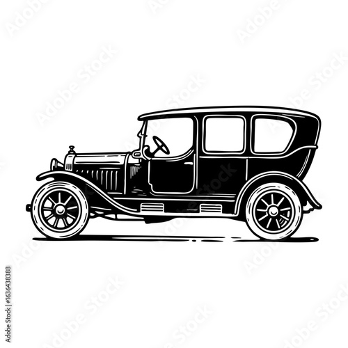 Vector of driving classic car	Black and white engraved ink art, isolated on white background.