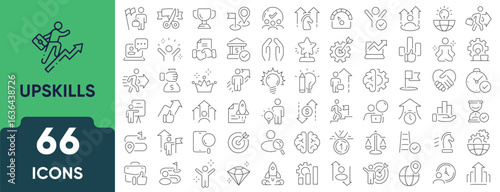 Upskill and personal growth icon set. Linear outline collection representing learning, skill improvement, career development, and self-growth concepts. Editable stroke.