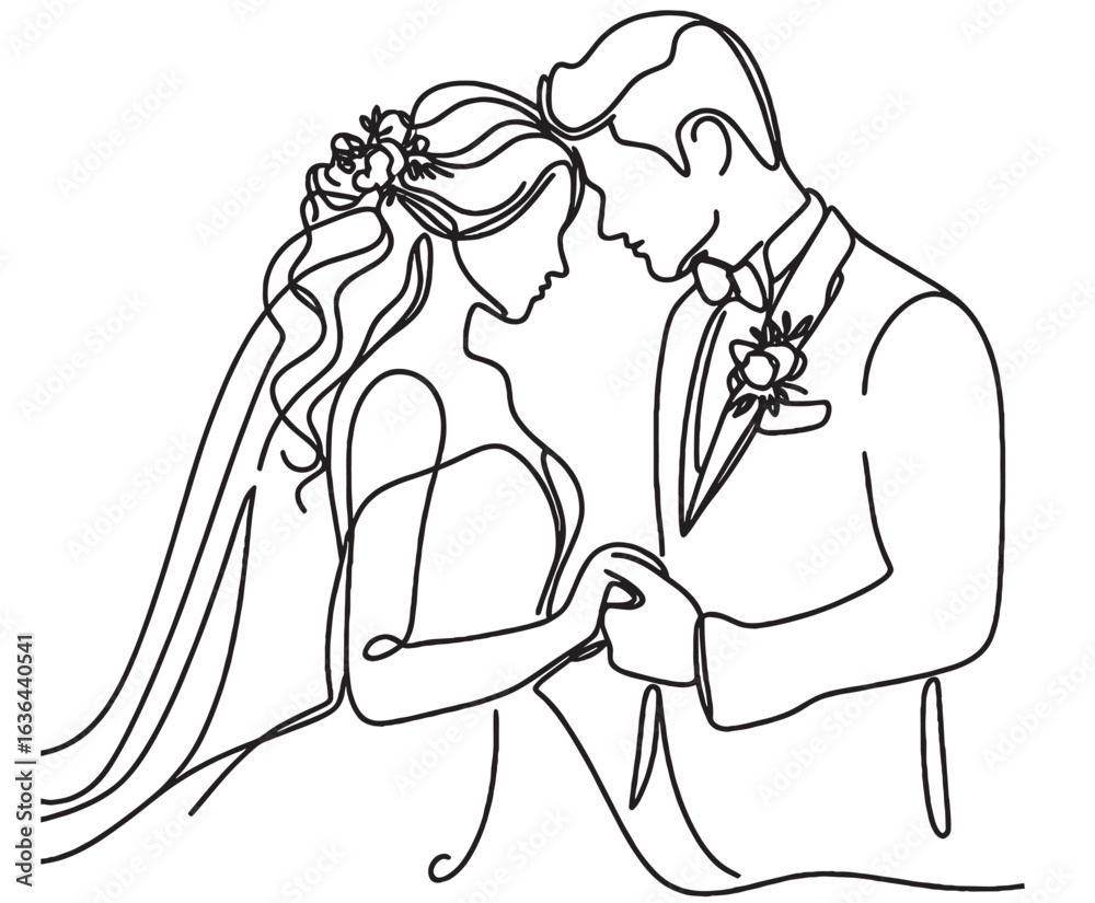 Obraz premium Continuous single line drawing of romantic wedding couple groom and bride elegant suit and dress. married couple wedding celebration day pose vector illustration