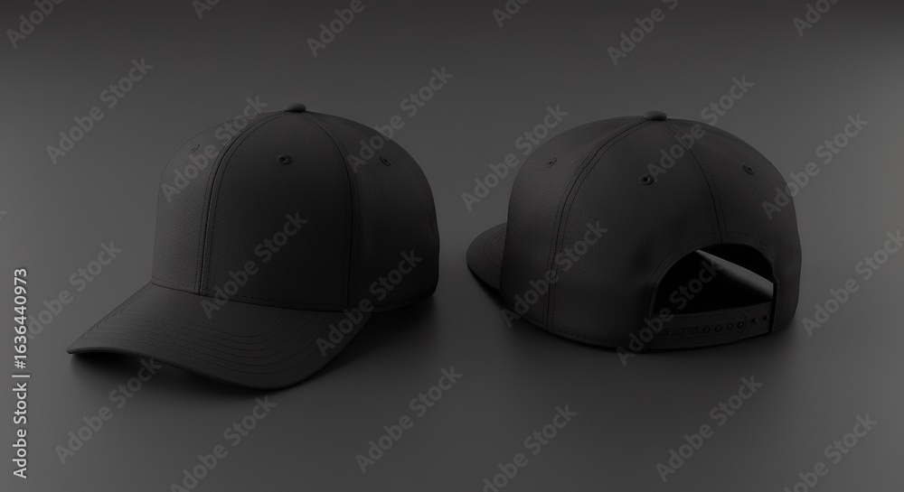 Obraz premium Two Black Baseball Caps on Dark Gray Background Front and Back View Mockup Style.
