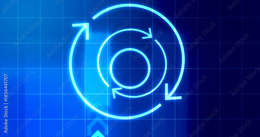Obraz premium Infinite loop moving hypnosis hexagon particles technological hud interface. Alternative moving energy concept recharging Hologram chart innovation. Matrix network burst blueprint. Power indicator
