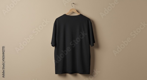 Back View of Black T-Shirt Hanging on Wooden Hanger Against Beige Wall.