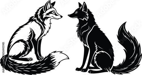 Two foxes, black and white, sitting and looking at each other on white background