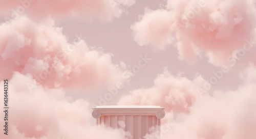 A cylindrical pedestal surrounded by soft, pastel pink clouds against a gentle sky