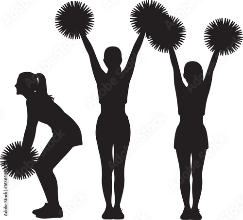 Three Silhouettes of Cheerleaders with Pom Poms in Standing and Bending Poses Keywords: cheerleading