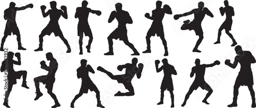 Set of male boxer silhouettes in different fighting  poses on white background vector illustration, design for sports, fitness, and athletic themes,