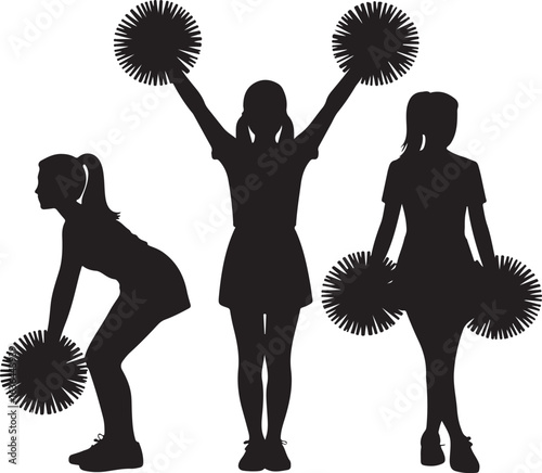 Three Silhouettes of Cheerleaders with Pom Poms in Various Poses Keywords: cheerleading, cheerleader